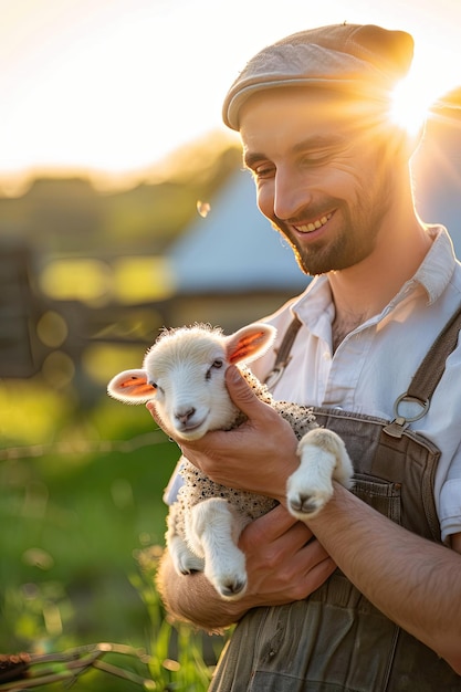 Photo the farmer holds a small sheep in his hands selective focus