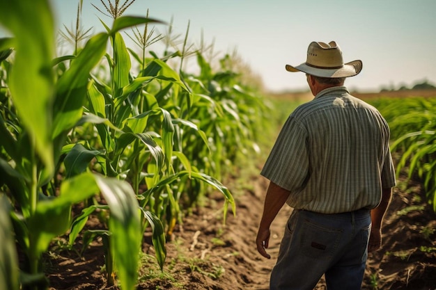 Farmer inspecting corn field summer sunny day