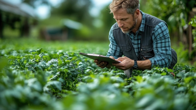 Farmer inspecting crops