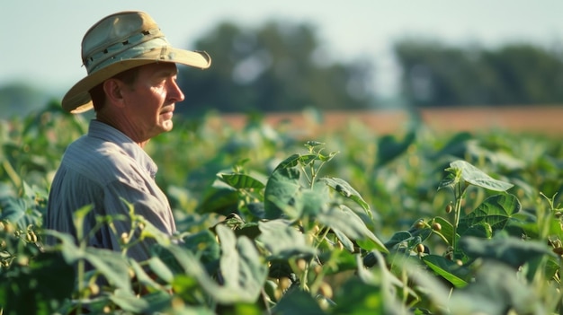 A farmer inspecting a field of soybeans that have been genetically modified to resist pests and