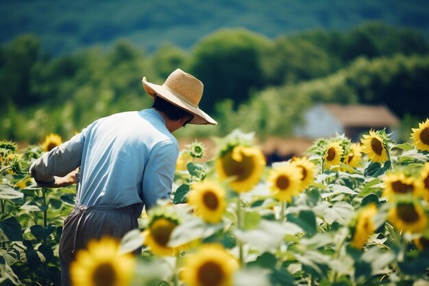 Farmer inspecting sunflower field summer sunny day