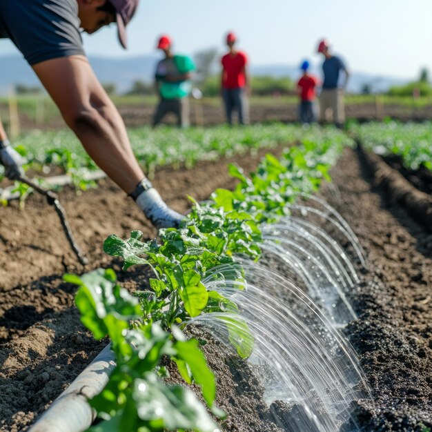 Photo farmer irrigating crops with water sprinklers