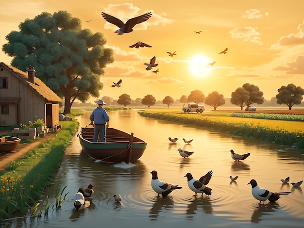 A farmer is fertilizing the field a river flows by a boatman is driving a boat on the river some