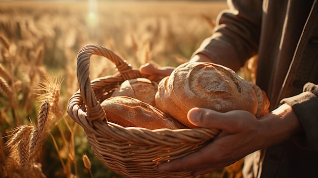 The farmer is holding a basket with freshly baked bread on the background of a wheat field