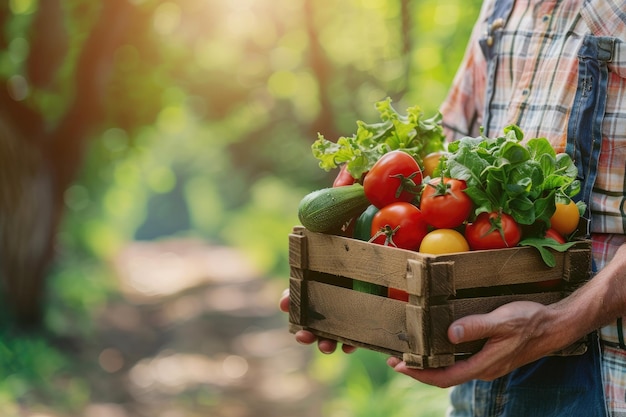 Photo the farmer is holding a box of freshly picked vegetables nature