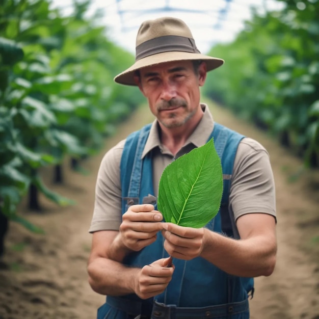 Farmer is holding connais leaf checking and showing in legalized farm