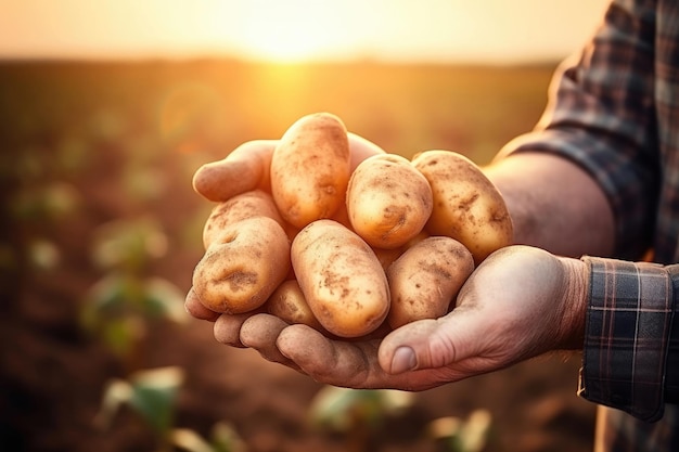 Farmer is holding potatoes in his hands close up