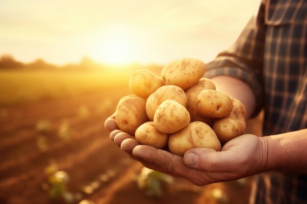 Farmer is holding potatoes in his hands close up