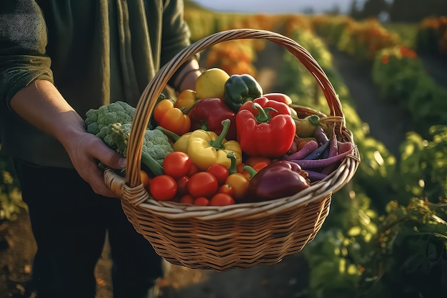 The farmer is holding a wooden box basket with fresh raw vegetables AI