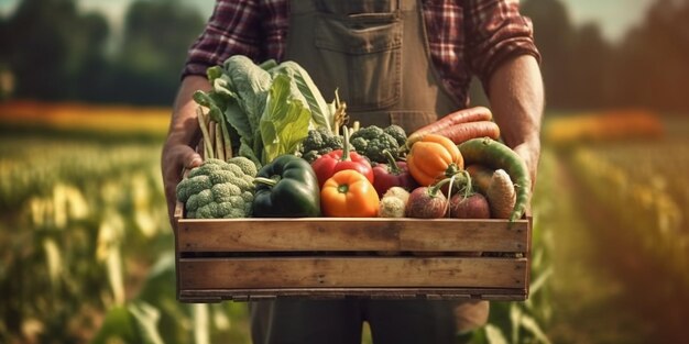 The farmer is holding the wooden box with AI generated