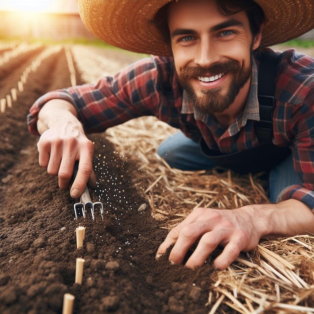 a farmer is planting a tree in his field