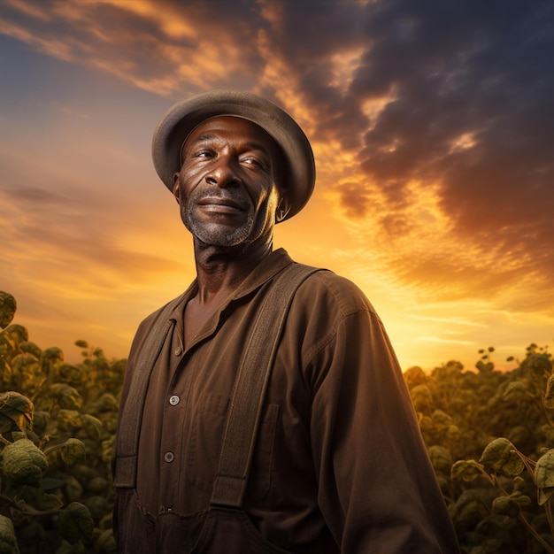 Farmer is standing in his growing soybean field