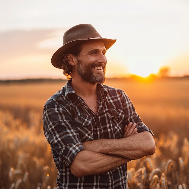 Farmer is standing in his growing wheat field He is happy because of successful sowing