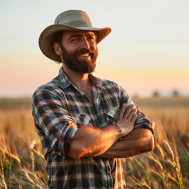 Farmer is standing in his growing wheat field He is happy because of successful sowing