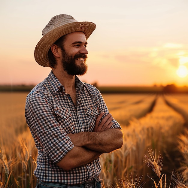 Farmer is standing in his growing wheat field He is happy because of successful sowing