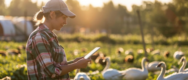 A farmer is using a digital tablet to monitor the health of her turkeys on a pasture at sunset