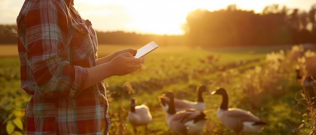 A farmer is using a digital tablet to monitor the health of his livestock while the sun sets in the background