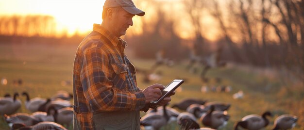 A farmer is using a smartphone to monitor his crops in the field