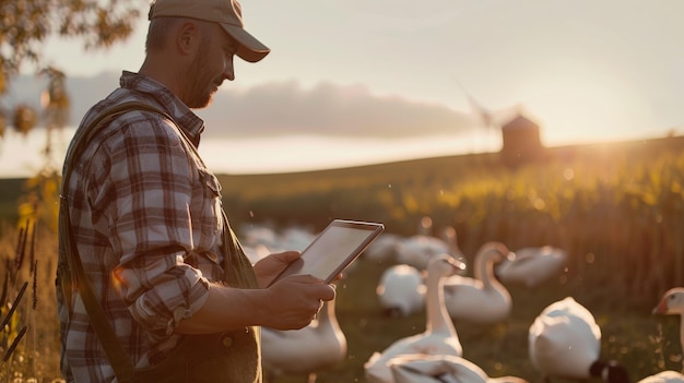 A farmer is using a tablet to monitor the health of his geese