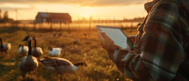 A farmer is using a tablet to monitor the health of his geese