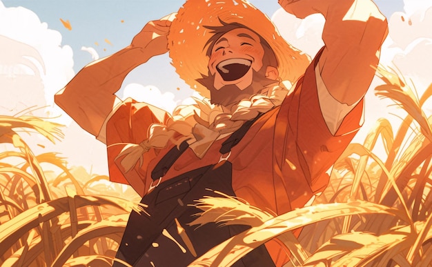 A farmer is in the wheat field showing a good harvest smile