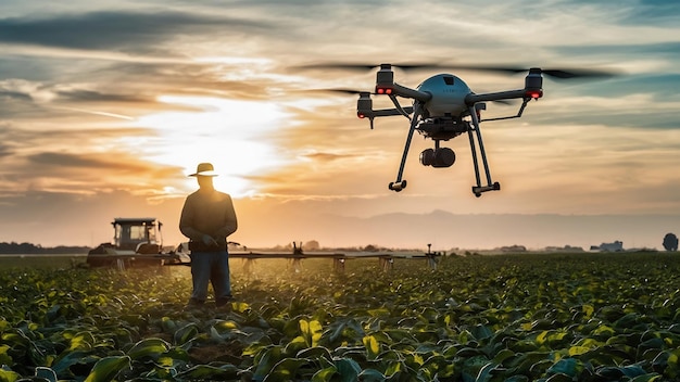 A farmer is working on a crop field with a drone flying overhead