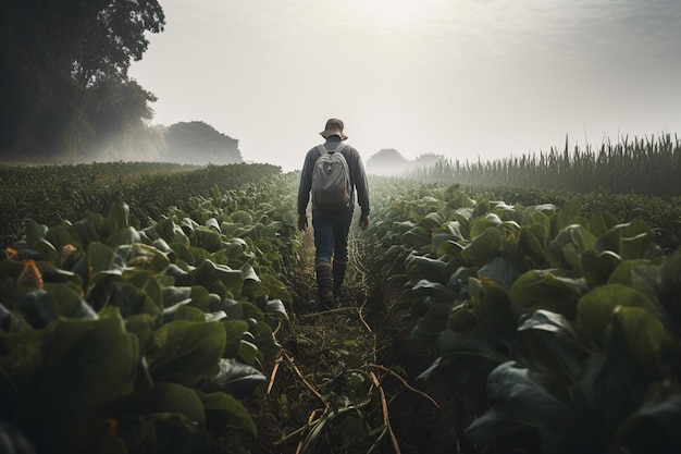 Farmer man on field in nature farm or food agriculture industry management in sunshine countryside generative AI