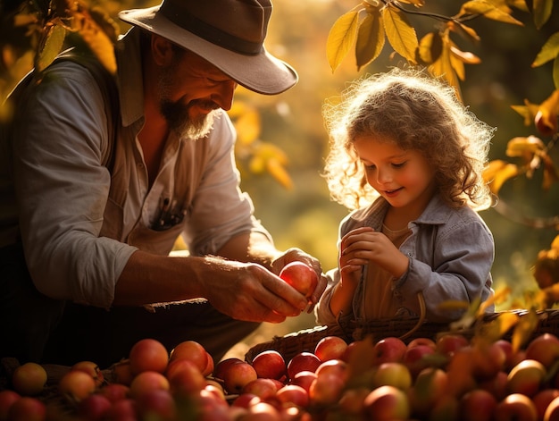 Farmer man and he child harvests a fresh yab of apples Harvesting orchard background Generative ai