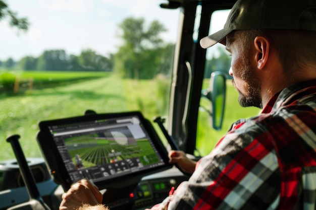 A farmer operates advanced farming machinery with a tablet digital display