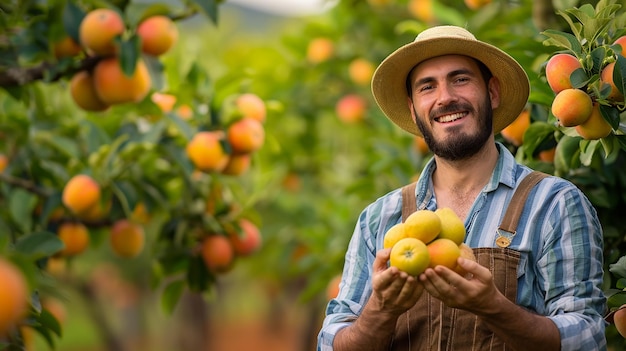 Farmer in Orchard Holding Fresh Fruit