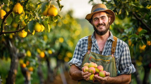 Farmer in Orchard Holding Fresh Fruit