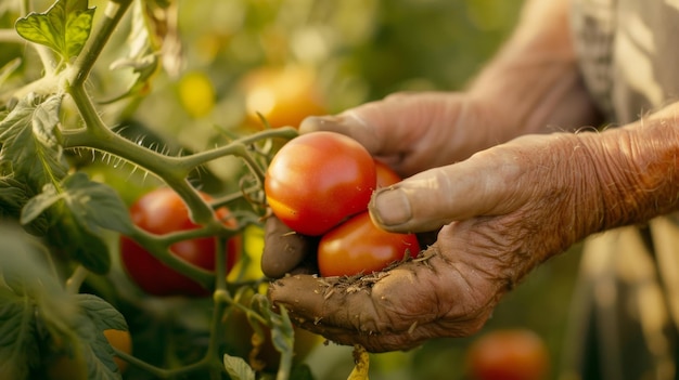 A farmer picking fresh tomatoes from his garden during the afternoon