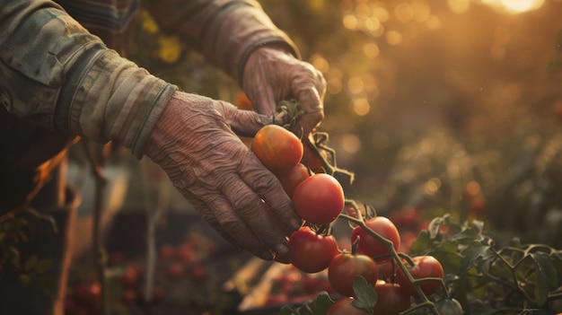 A farmer picking fresh tomatoes from his garden during the afternoon