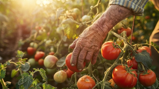 A farmer picking fresh tomatoes from his garden during the afternoon