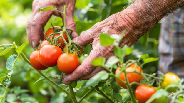 A farmer picking fresh tomatoes from his garden during the afternoon