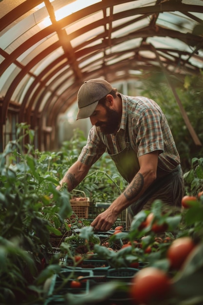 A farmer planting his crops in the greenhouse