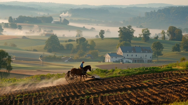 A farmer plowing a field with a horsedrawn plow expansive farmland with rolling hills early morning fog lifting serene and traditional atmosphere sharp photography