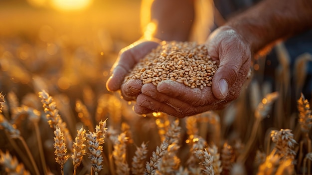 A farmer pours grain from hand into a sack against the backdrop of a wheat field at sunset