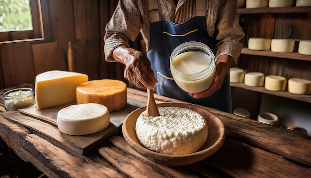 Photo farmer preparing cheese with fresh milk from cows