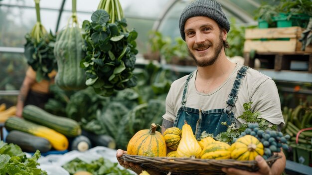 Farmer proudly displaying a selection of freshly harvested greens squashes and herbs in a greenhouse