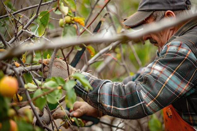 Photo farmer pruning fruit tree branches in orchard