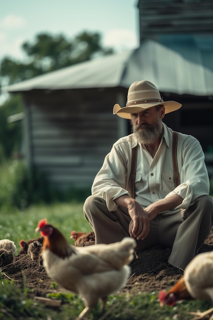 Farmer Resting with His Chickens