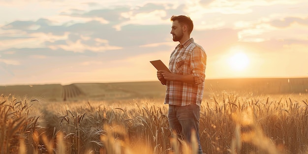 Farmer Reviewing Crop Growth at Sunset