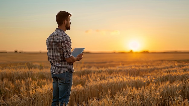 Farmer Reviewing Crop Growth at Sunset