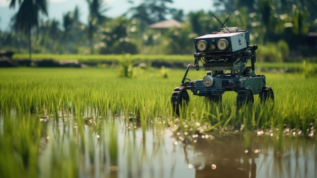 farmer robot in rice field background wallpaper AI generated image