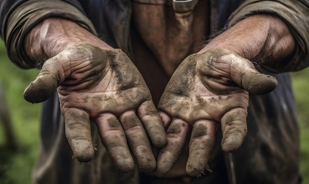 Farmer rough hands hold new life beginnings