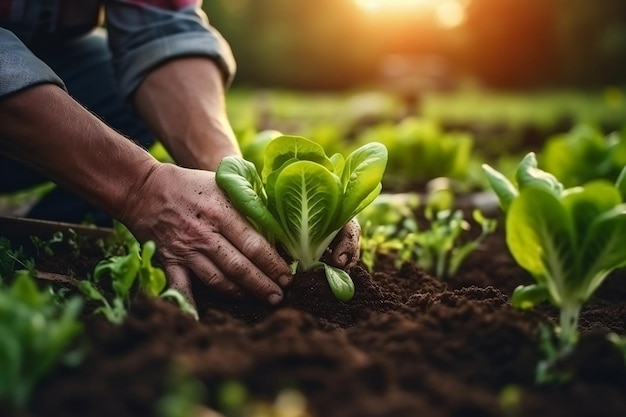 Farmer's Hand Planting Young Lettuce Seedlings in Vegetable Garden AI