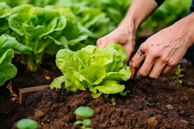 Farmer's Hand Planting Young Lettuce Seedlings in Vegetable Garden AI