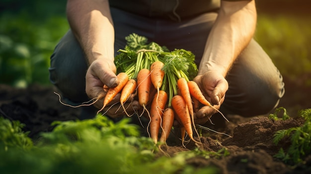 Farmer's hands hold carrots Agriculture gardening growing vegetables created with Generative AI technology