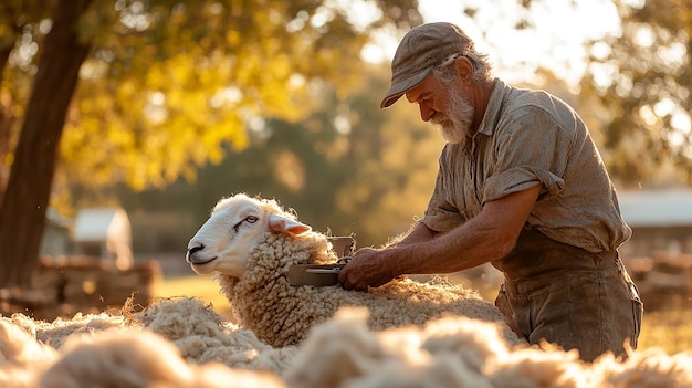 Farmer Shearing Wool from a Sheep in Warm Sunlight